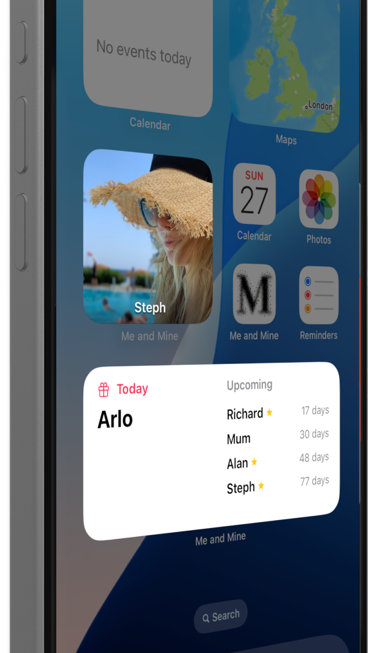 iPhone homescreen with Me and Mine widgets