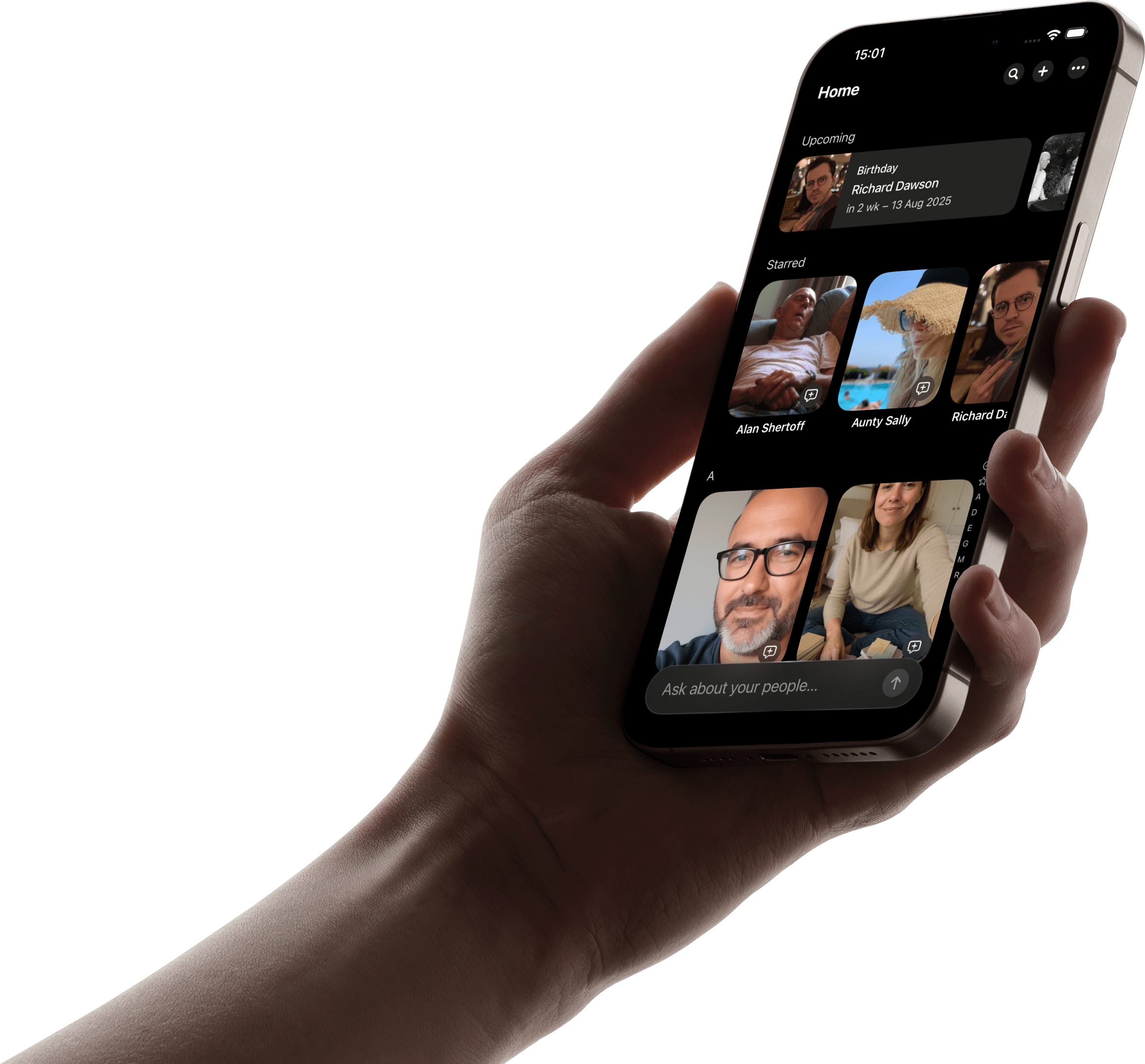 Hand holding phone with Me and Mine app